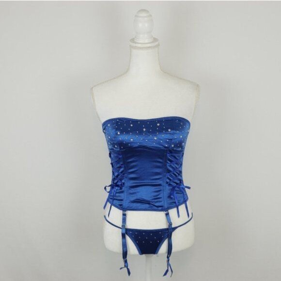 Elegant Moments Women's Size 32 Blue Silver Embellished Corset Set - Picture 1 of 9